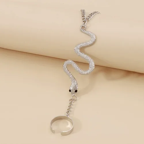 Vista 5 de Jumwrit Pulsera de cadena de mano, pulsera bohemia con anillo de serpiente para el dedo, cadena esclava, arnés de mano, pulsera delicada con anillo