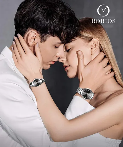 Vista 2 de RORIOS Relojes analógicos de cuarzo para parejas, reloj de pulsera luminoso con brecelet de acero inoxidable, impermeable, relojes de moda