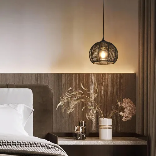 Vista 8 de Ayshwill Dec Lámpara de araña negra tejida estilo boho de ratán y mimbre con cúpula, lámpara colgante para comedor, dormitorio, isla de cocina