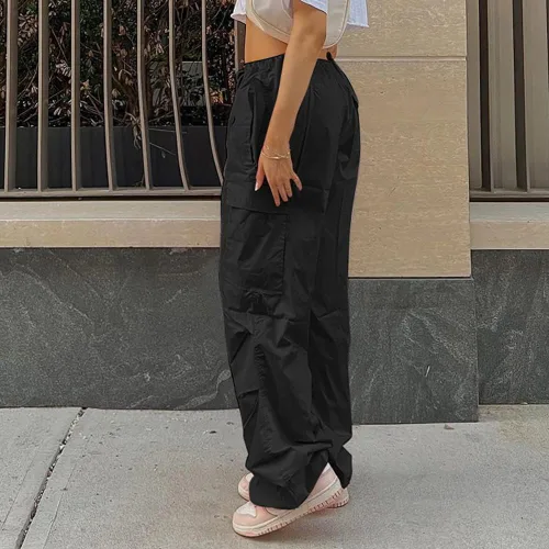 Vista 3 de IWEMEK Pantalones de paracaídas para mujer, pantalones cargo holgados con bolsillos, cordón de ajuste de cintura baja, pantalones Y2K, holgados, hip