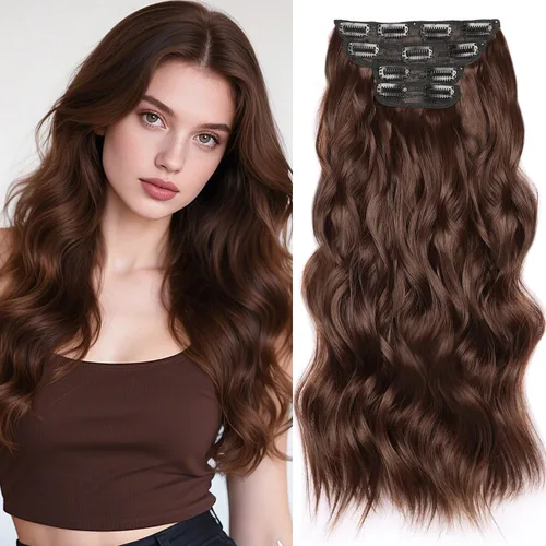 Vista 21 de Extensiones de cabello rubio con clip, de 22 pulgadas, extensiones de cabello largo y rizado con clip, 4 unidades, extensiones de cabello sintético