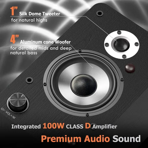 Vista 4 de LONPOO Altavoces de estantería alimentados para tocadiscos, monitores de campo cercano activos Bluetooth de 2.0 canales con tweeter de cúpula