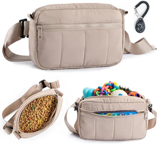 Vista 7 de Bolsa de golosinas para perros con clicker elegante bolsa cruzada para pasear perros, bolsa 3 en 1 para entrenamiento de perros con forro
