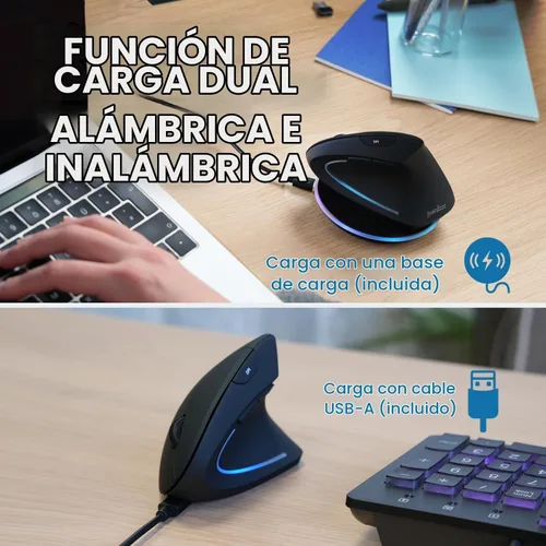 Vista 5 de Perixx PERIMICE-713RX - Ratón inalámbrico recargable vertical - Función de carga dual con cable y sin cable - Incluye base de carga - Diseño de 6