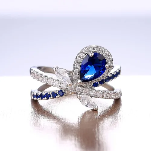 Vista 3 de Anillo de diamante completo de color rojo brillante y azul, anillo de propuesta chapado en cobre y circonio, anillo de promesa, anillos de halo