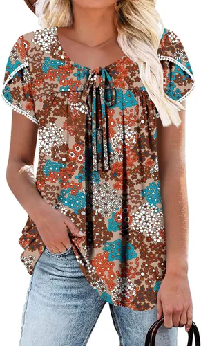 Vista 46 de BETTE BOUTIK Blusas de verano para mujer, plisadas, de manga corta, con cordón, cuello redondo, tallas S-3XL