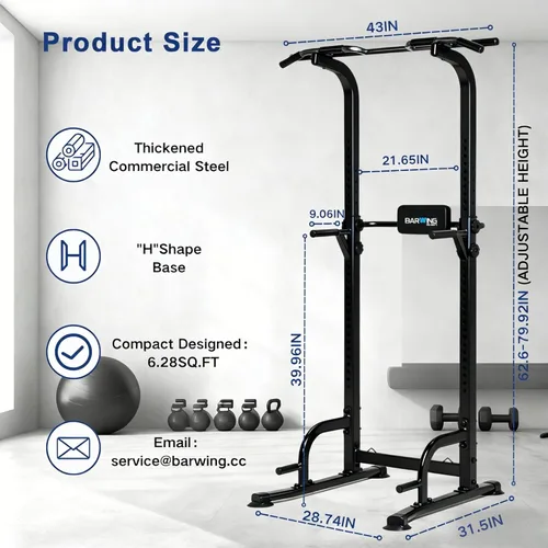 Vista 6 de BARWING Estación de barra para dominadas, torre de potencia, estación de fondos con respaldo 3D, soporte rack de entrenamiento de fuerza
