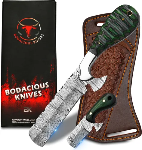 Vista 11 de Cuchillo cortador de toros de Damasco hecho a mano de 8 pulgadas con funda de cuero, cuchillo vaquero occidental para caza, desollar, acampar