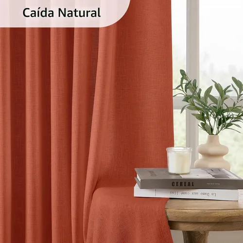 Vista 7 de HOMEIDEAS Cortinas plisadas de color naranja quemado 100% opacas, mezcla de lino de lujo con aislamiento térmico con ganchos ajustables, para sala