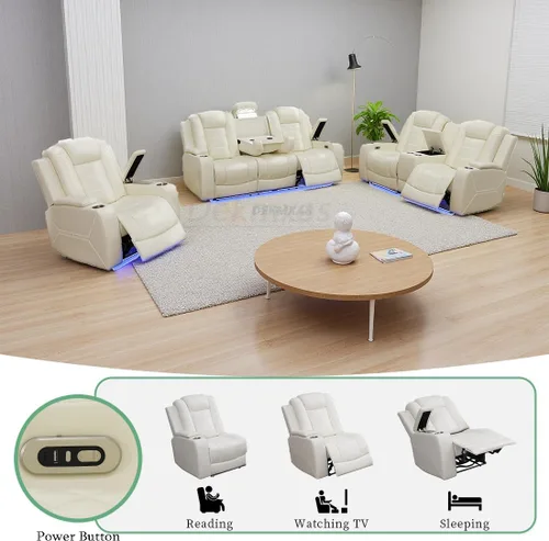 Vista 32 de Juego de sofá reclinable eléctrico, seccional de cuero transpirable beige, juego de muebles de sala de estar, 2 piezas, sofá reclinable eléctrico
