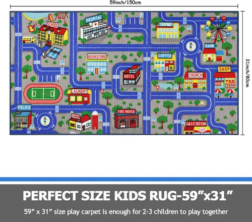 Vista 2 de Capslpad Alfombra Azul de Coche y Carretera para Niños, Alfombra de Juego para Sala de Juegos, Alfombra Antideslizante Lavable con Mapa de la Ciudad
