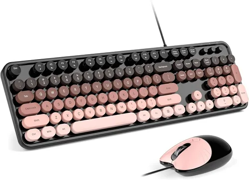 Vista 24 de MOFII Combo de teclado y mouse con máquina de escribir retro con cable, USB de tamaño completo Plug & Play para PC con Windows - Negro Azul