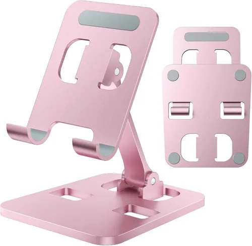 Vista 8 de Soporte de teléfono para escritorio, soporte plegable doble para teléfono celular, soporte portátil totalmente ajustable para iPhone 17, 16, 15, 14