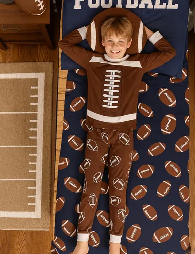 Vista 4 de A&J DESIGN Pijamas Deportivos de Algodón para Niños de 2-14 Años, Juego de Pijamas de 2 Piezas Marrón (Brown Football)