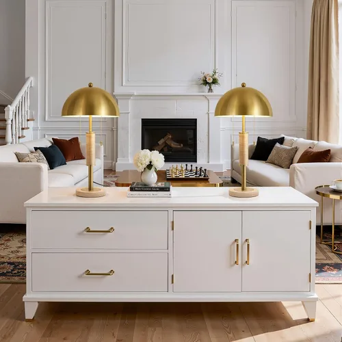 Vista 3 de KAISITE Juego de 2 lámparas de mesa modernas de 61 cm para sala de estar, lámpara de mesita de noche de metal dorado con travertino decorativo
