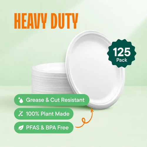Vista 2 de Stack Man Platos de papel 100% compostables de 9 pulgadas, resistentes [paquete de 125] platos desechables ecológicos de bagazo blanco hechos