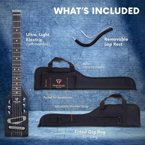 Vista 4 de Traveler Guitar Guitarra eléctrica ultraligera color negro mate zurdo portátil eléctrico con reposarazo extraíble, escala completa de 24 3/4