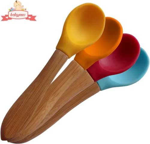 Vista 6 de Cucharas de bambú para bebé, paquete de 4 cucharas de destete para niños pequeños, cuchara de silicona con punta suave de mango de bambú, utensilio