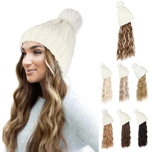Vista 12 de Flufymooz Gorro con peluca, extensión de pelo con gorro de piel sintética con pompón largo ondulado rizado, peluca con gorro adjunto de 20 pulgadas