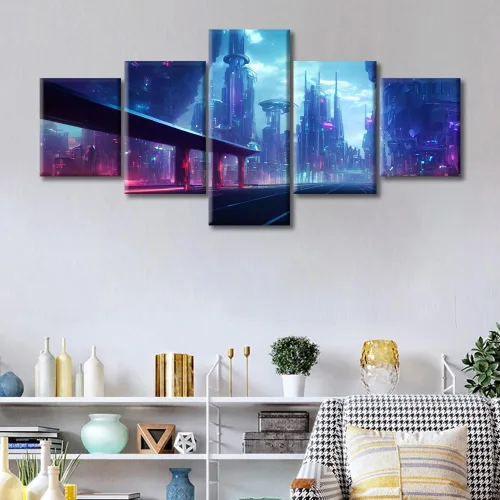 Vista 354 de Cuadros de 5 paneles de Cyberpunk City, arte de pared, representación de vallas publicitarias, edificios modernos en la capital con obras de arte