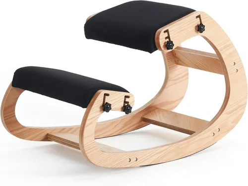 Vista 3 de Silla ergonómica, mecedora ajustable para oficina en casa, silla de oficina de madera para aliviar el dolor de espalda, color negro