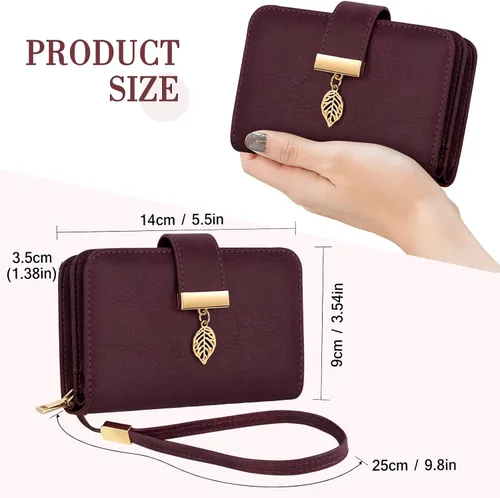 Vista 5 de Cartera pequeña con bloqueo RFID para mujer, de cuero, compacta, plegable, con 18 ranuras para tarjetas, con bolsillo para monedas, rojo (Red Wall)