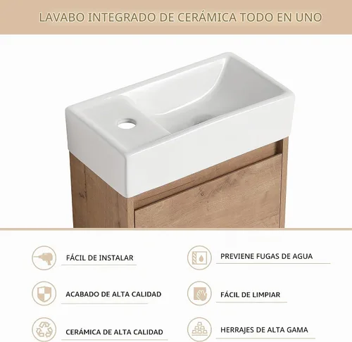 Vista 3 de Tocador de baño pequeño de 16 pulgadas con lavabo, tocador de baño independiente de 16" para espacios pequeños, gabinete de madera contrachapada