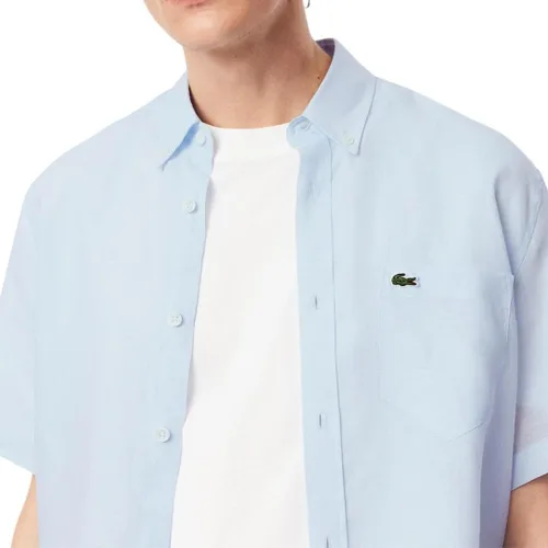 Vista 2 de Lacoste Camisa casual de lino con botones y manga corta para hombre con bolsillo frontal