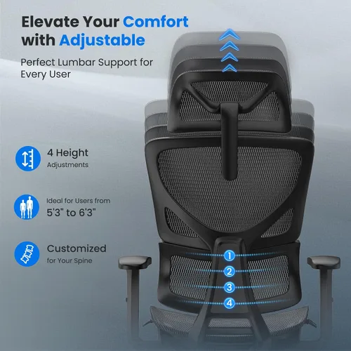 Vista 5 de OdinLake L1 Ergo Upgrade 518 - Silla de oficina ergonómica de malla negra, grande y alta, 350 libras, soporte lumbar dinámico, altura ajustable