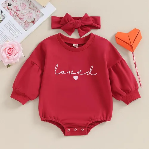 Vista 17 de Traje de bebé niña para el primer día de San Valentín, mameluco de burbujas con cuello redondo, sudadera linda para primavera y otoño