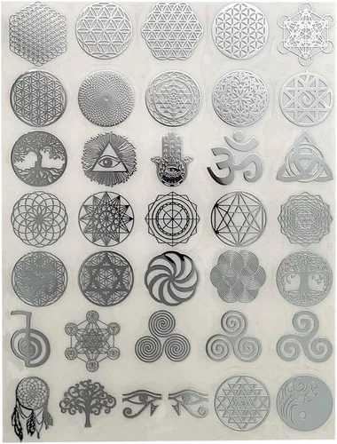 Vista 6 de 35 unids/lote Flor de la Vida Metal Pegatina Geometría Orgone Pirámide Pegatina Autoadhesiva Calcomanías Negras