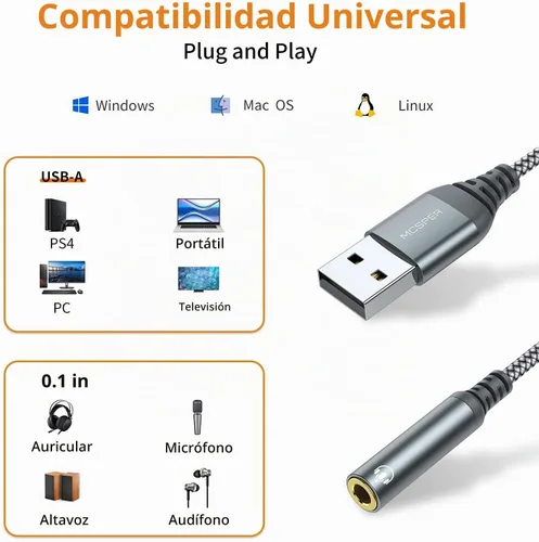 Vista 3 de Adaptador de USB a conector de audio de 3.5mm, convertidor de tarjeta de sonido externa compatible con auriculares, PC, portátil, Mac, computadoras