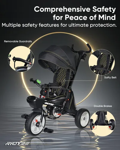 Vista 6 de RIDYEE 7-en-1 Triciclo plegable para niños pequeños de 18 meses a 5 años, cochecito triciclo con frenos duales, neumático de goma todo terreno