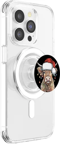 Vista 3 de Divertidas luces navideñas de vaca escocesa de las tierras altas de Navidad, cabeza de Papá Noel, PopSockets MagSafe PopGrip para iPhone