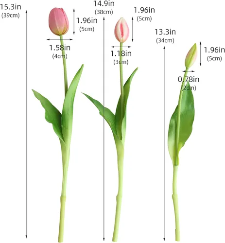 Vista 3 de Flores artificiales, 20 piezas tulipanes falsos de tacto real, tulipanes de látex sintético con caja de regalo, ramos de tulipanes sintéticos