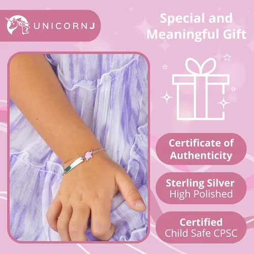 Vista 4 de UNICORNJ Pulsera de plata de ley 925 grabable con cadena Rolo para niñas con esmalte rosa de 6.5 pulgadas