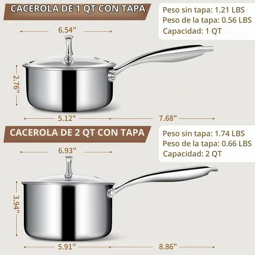 Vista 2 de EWFEN Juego de sartenes de acero inoxidable de 3 capas con tapas, olla multiusos de 1 y 2 cuartos de galón, mango que se mantiene fresco, horno