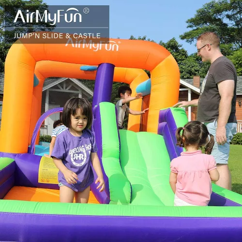 Vista 2 de AirMyFun Casa inflable para rebotar, gorila de obstáculos y tobogán con soplador de aire (estilo morado)