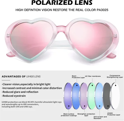 Vista 5 de Pro Acme Lentes de sol de corazón para mujer, polarizados, encantadores, estilo retro, de moda roja