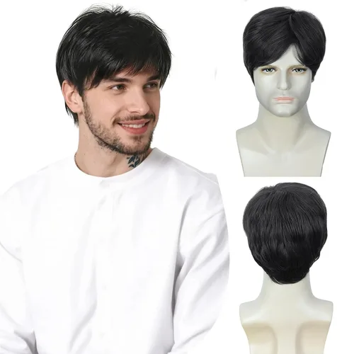 Vista 23 de Creamily Peluca marrón para hombre, disfraz de pelo corto, estilo cosplay marrón (Brown-1)