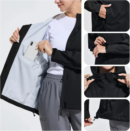 Vista 4 de BALEAF Chubasqueros impermeables para mujer, 10000 mmH2O, impermeable ligero, rompevientos con capucha para senderismo al aire libre, viajes