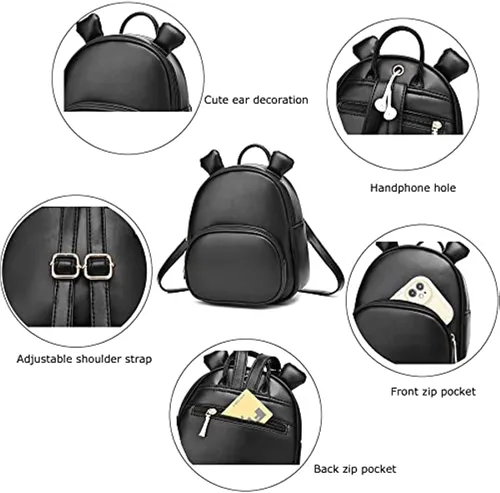 Vista 7 de Bonita mochila para adolescentes, niñas, mujeres, tamaño pequeño, bolso de hombro de piel sintética, casual, mini mochilas bolsa de viaje, Negro