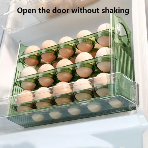 Vista 3 de DABATO Caja de almacenamiento para refrigerador de huevos, verde, de 3 capas, con giro automático, diseño vertical, 11 x 7 x 5.5 pulgadas