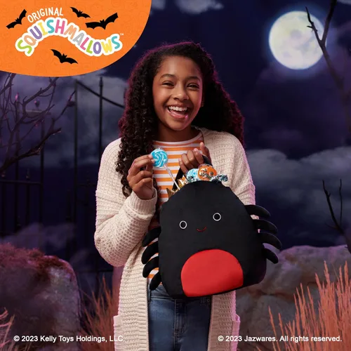 Vista 5 de Squishmallows Cubo de golosinas original Bella The Spider - Accesorio oficial de Halloween de Jazwares