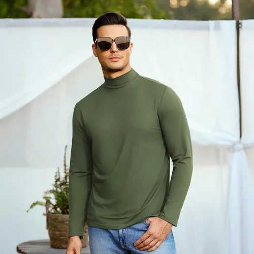 Vista 5 de Mens T Shirt Long Sleeve Basic Mock Turtleneck Pullover Thermal Solid Tops Verde militar