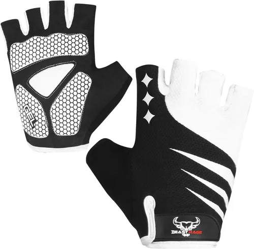 Vista 8 de BEAST RAGE Guantes de ciclismo de medio dedo para hombres y mujeres, guantes acolchados de gel, antideslizantes, absorben los golpes, levantamiento