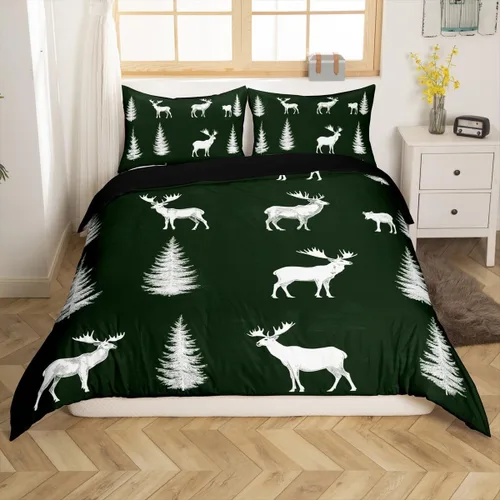 Vista 3 de Erosebridal Juego de funda de edredón de ciervos alce, tamaño individual, bonita funda de edredón de oso abstracto, juego de ropa de cama de bosque