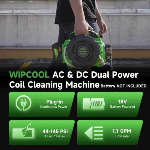 Vista 2 de WIPCOOL Máquina de limpieza de bobina HVAC portátil C10B-AC, presión de 80 W, doble potencia (18-21 V CC y 100-240 V AC), 1.1 GPM, 44-73/102-145