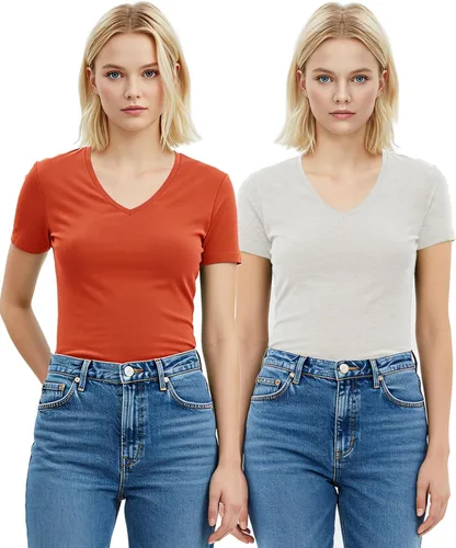 Vista 98 de Emmalise Camiseta de manga corta para mujer, cuello en V, tallas junior y plus