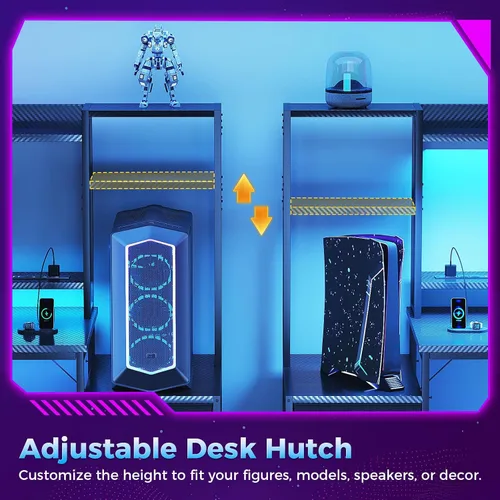 Vista 7 de Casaottima - Escritorio de juegos de 48 pulgadas con alacena y 3 cajones de tela, escritorio para computadora con puertos USB y luces LED, mesa